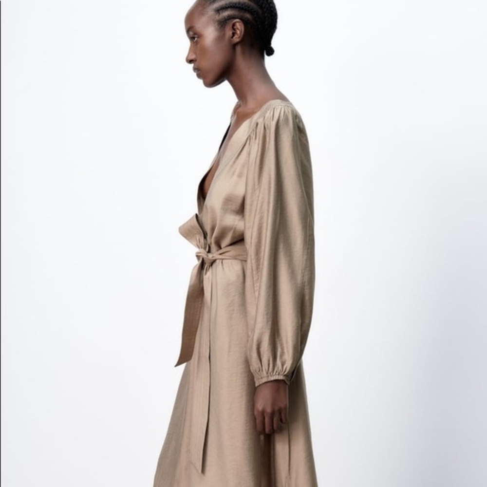 Zara NWT 🏷️ Khaki A-Line Dress With Belt Long Sleeves Room To Move XL - Picture 4 of 11